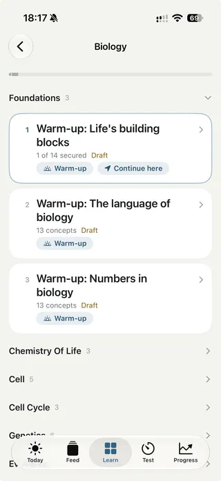 The Biology path: foundation warm-ups, a Continue here marker and the next topic groups