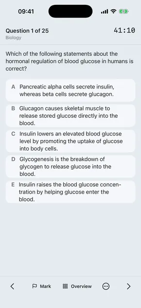 A timed exam-format biology question with five options and the exam clock running
