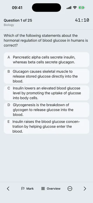 A timed exam-format biology question with five options and the exam clock running