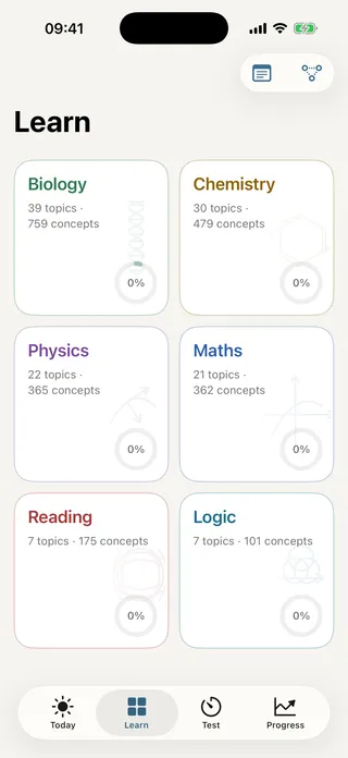 The Learn tab: all six IMAT sections — biology, chemistry, physics, maths, reading, logic — with topic and concept counts