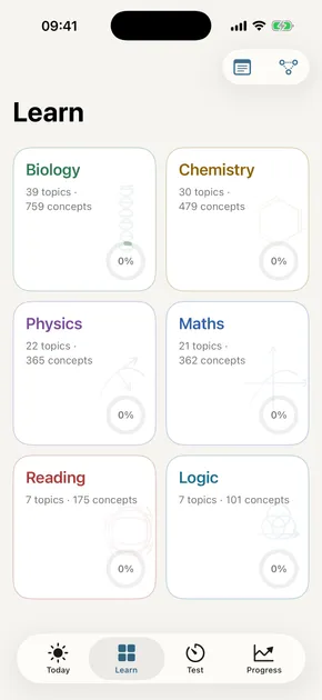 The Learn tab: all six IMAT sections — biology, chemistry, physics, maths, reading, logic — with topic and concept counts