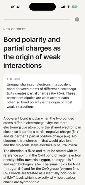 A concept page: “Bond polarity and partial charges” opening with a short gist before the full explanation