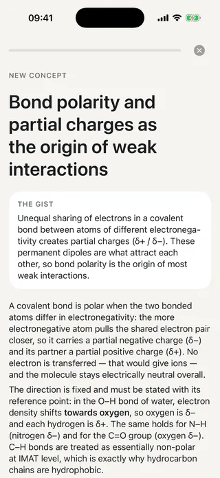 A concept page: “Bond polarity and partial charges” opening with a short gist before the full explanation