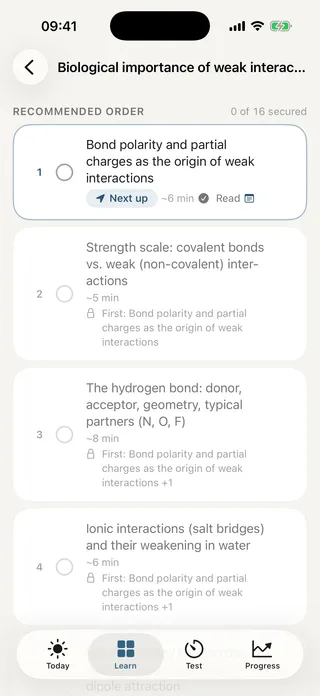 A topic in recommended order: the next concept is marked “Next up”, later concepts are locked until their prerequisite is secured
