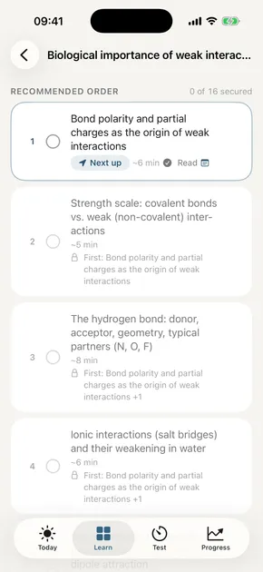 A topic in recommended order: the next concept is marked “Next up”, later concepts are locked until their prerequisite is secured