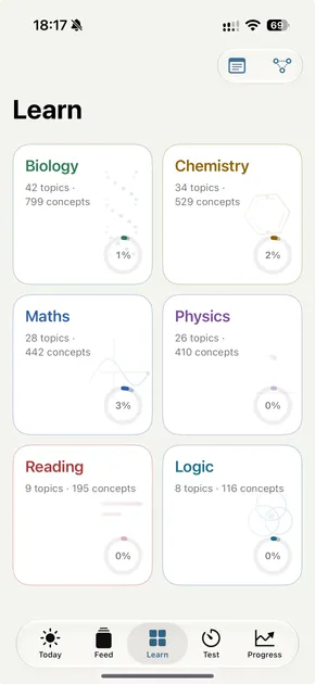 The Learn tab: all six IMAT sections — biology, chemistry, physics, maths, reading, logic — with topic and concept counts