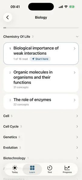 The Learn tab in the app: Biology topics in recommended order, with “Start here” on the first topic