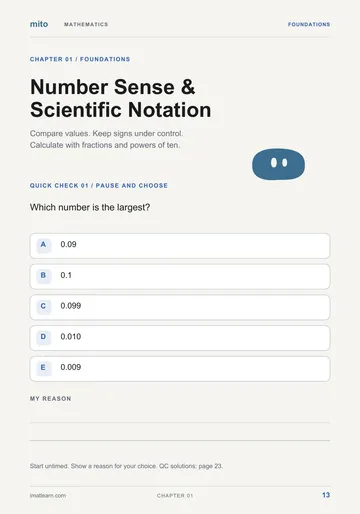 Mathematics chapter 1 opening: Number Sense and Scientific Notation, with a five-option question asking which decimal is largest and space to explain the answer