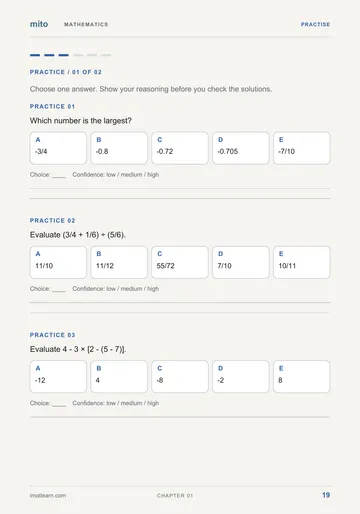 Mathematics page 19: three practice questions about negative numbers, fractions and brackets, each with five answer options and a confidence check