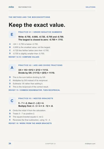Mathematics page 24: worked solutions to the three practice questions, explanations of all incorrect options and references back to the relevant teaching pages