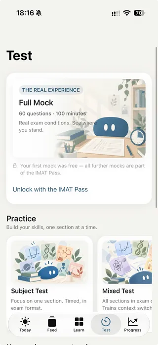 The Test tab: a full IMAT mock with 60 questions in 100 minutes, plus subject and mixed practice tests