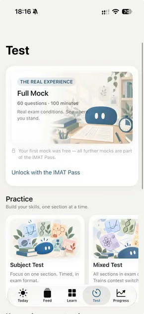 The Test tab: a full IMAT mock with 60 questions in 100 minutes, plus subject and mixed practice tests